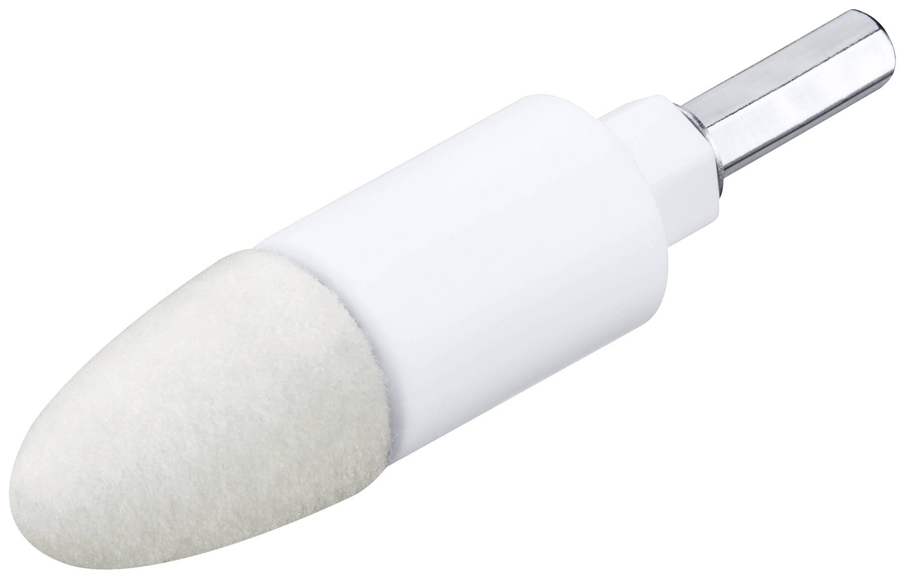 Un embout de polissage blanc avec un support métallique, utilisé dans les appareils de soin des ongles pour polir et façonner les ongles.