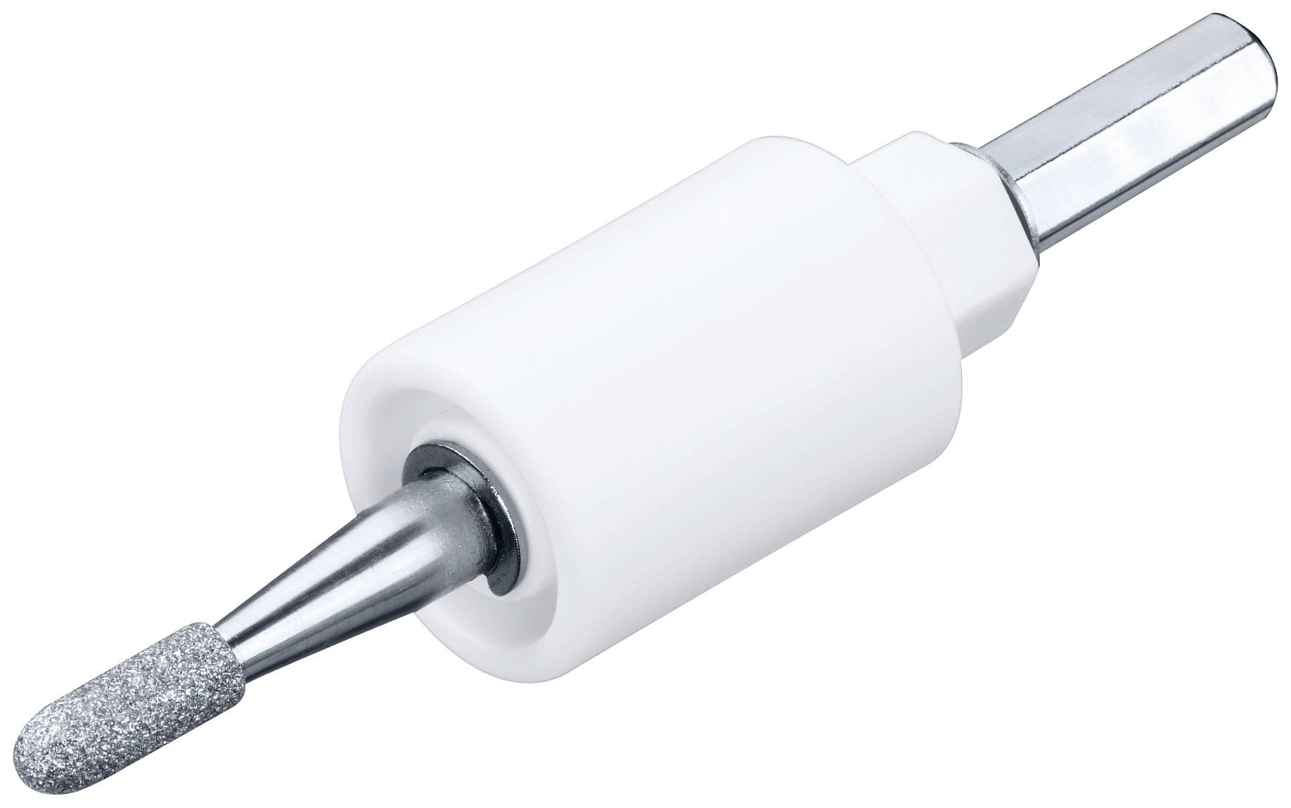 Un stylo de meulage rotatif avec un boîtier blanc et une pointe grise, adapté pour le traitement précis des matériaux.