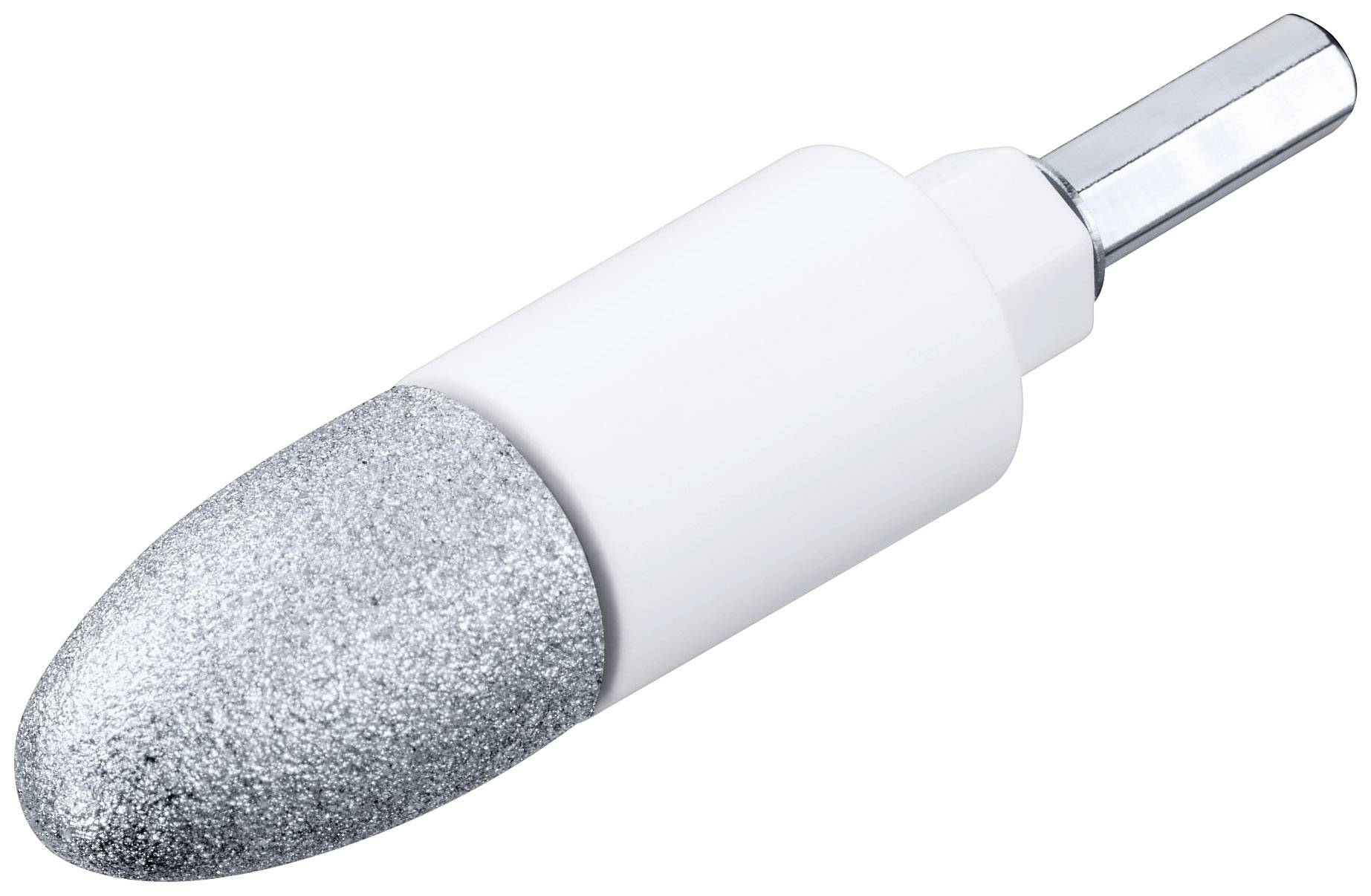 Un fraiseur métallique blanc avec une pointe rugueuse argentée, utilisé pour meuler ou polir, sur un fond blanc.