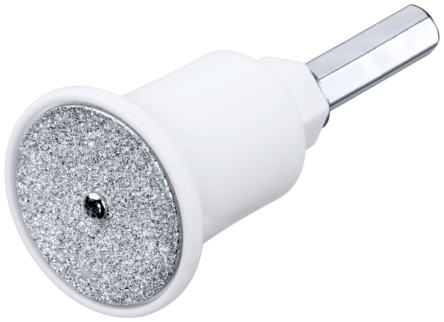 Embout de meulage en argent en forme de cône avec base cylindrique et surface rugueuse, adapté pour la manucure ou la pédicure.