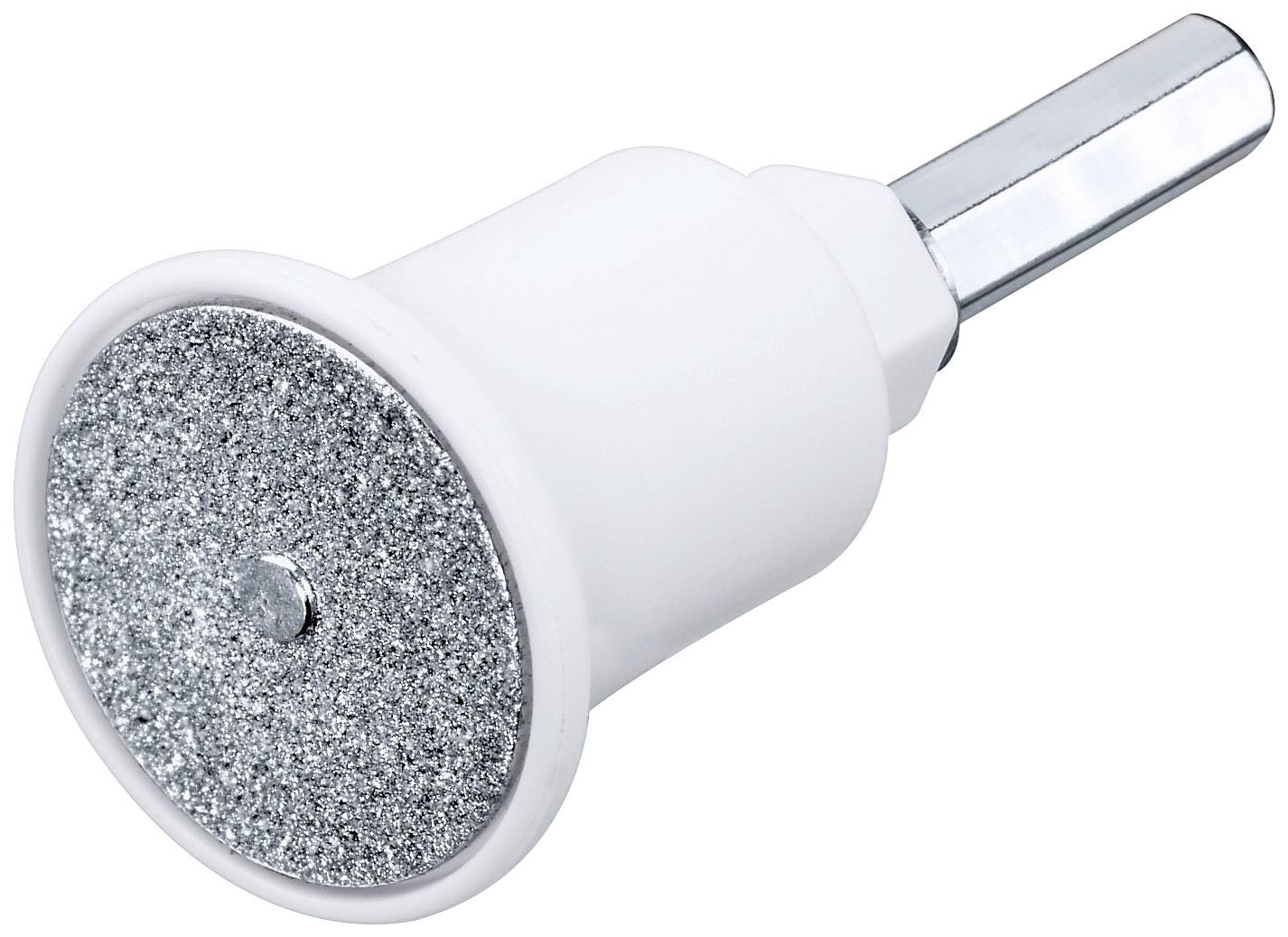 Embout de meulage blanc avec surface de meulage argentée scintillante et tige métallique, utilisé pour un meulage ou polissage précis.