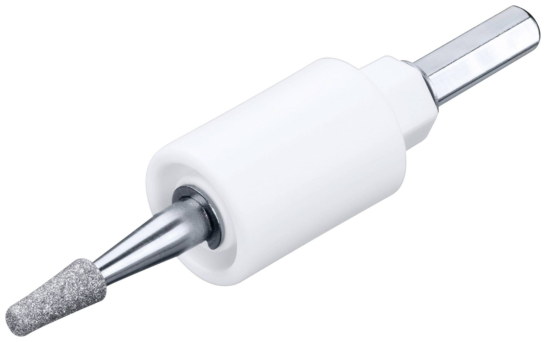 Un dispositif blanc cylindrique avec un manche argenté et une petite pointe conique de meulage, typiquement utilisé pour des travaux de précision.