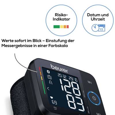 Appareil électronique de mesure de la tension artérielle avec affichage LCD, indiquant les valeurs de mesure et le pouls. Échelle de couleurs pour l'évaluation des risques et affichage de l'heure.