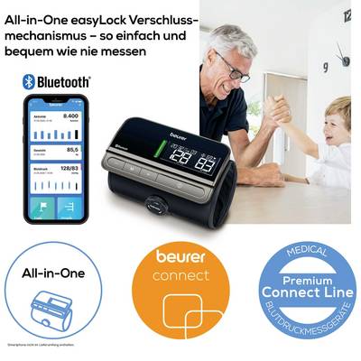 Papy et son petit-fils se font un high-five à côté d'un tensiomètre numérique ; le texte décrit la facilité d'utilisation et la fonction Bluetooth.