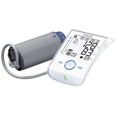 Appareil électronique de mesure de la tension artérielle avec manchette, affichage numérique des valeurs de tension artérielle : 120/80 mmHg, pouls : 69 bpm, heure.