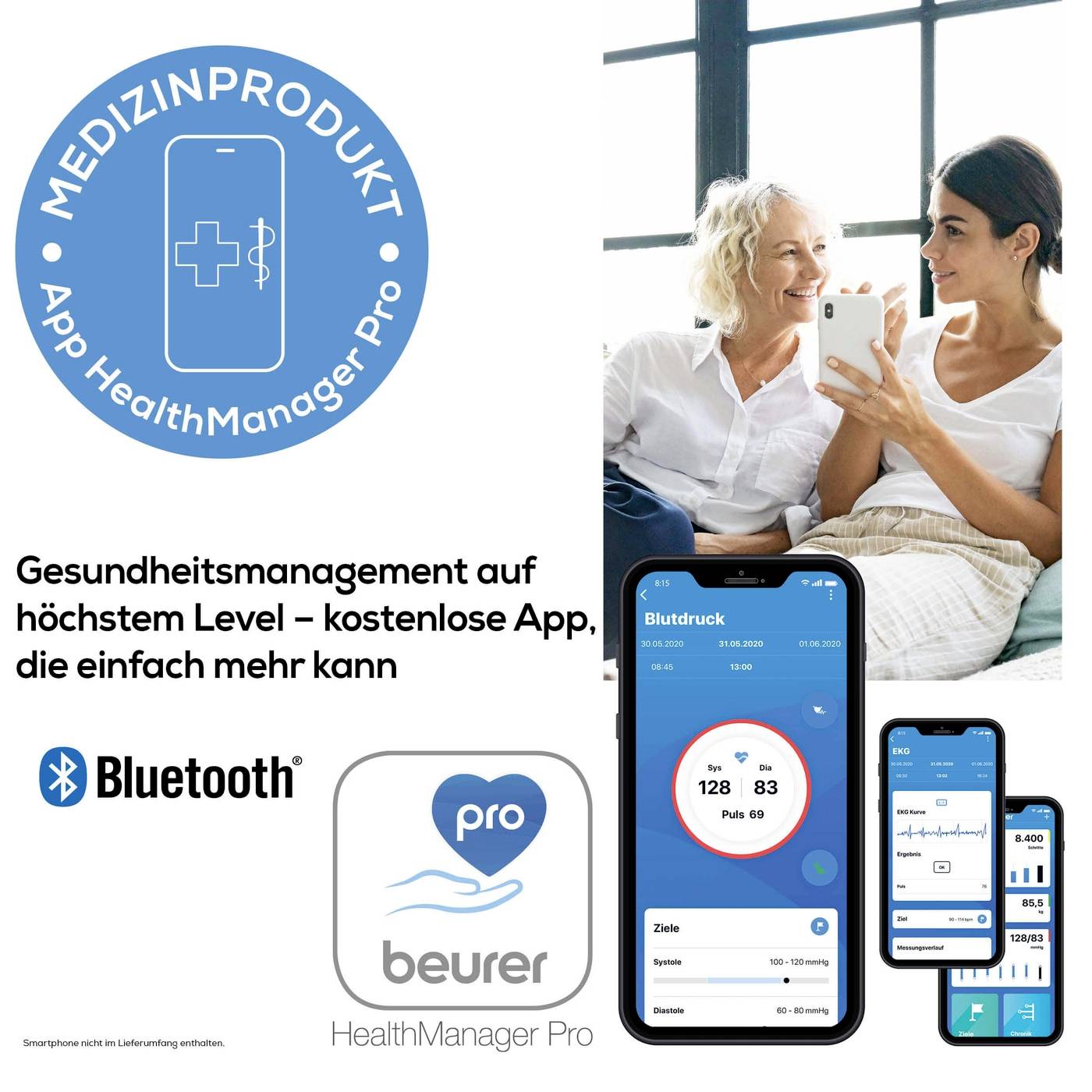 'Dispositif médical. Application HealthManager Pro' dans un cercle bleu. Deux femmes souriantes avec un smartphone. Captures d'écran de l'application de surveillance de la tension artérielle. Logo Bluetooth et Beurer.