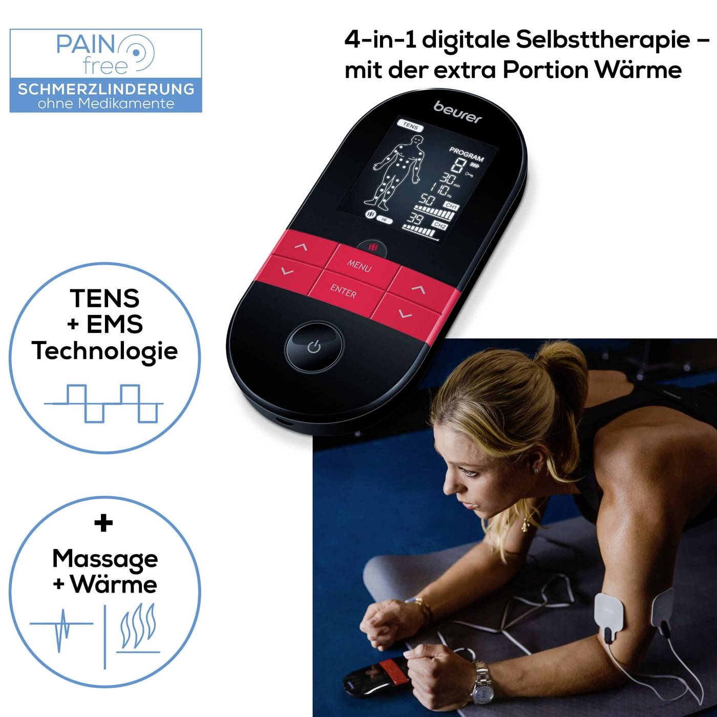 Thérapie numérique 4-en-1 montre une femme utilisant un appareil EMS sur le genou. Le texte met en avant les fonctions TENS et de massage.