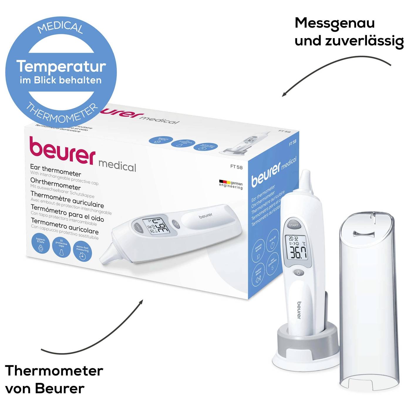 Thermomètre auriculaire de Beurer avec housse de protection. Texte d'emballage : Précis et fiable. Gardez un œil sur la température.