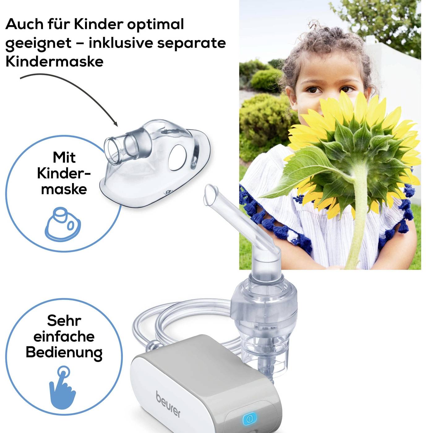 Appareil d'inhalation avec masque pour enfants. Adapté aux enfants ; Photo d'un enfant avec un tournesol. Texte : 'Avec masque pour enfants', 'Très facile d'utilisation'.