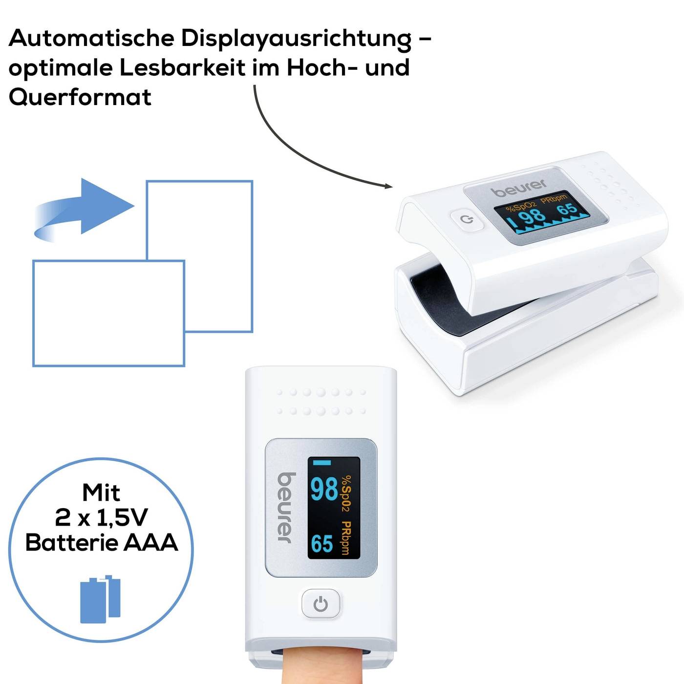 Oxymètre avec orientation automatique de l'écran pour une meilleure lisibilité en mode portrait et paysage, alimenté par 2 piles AAA.