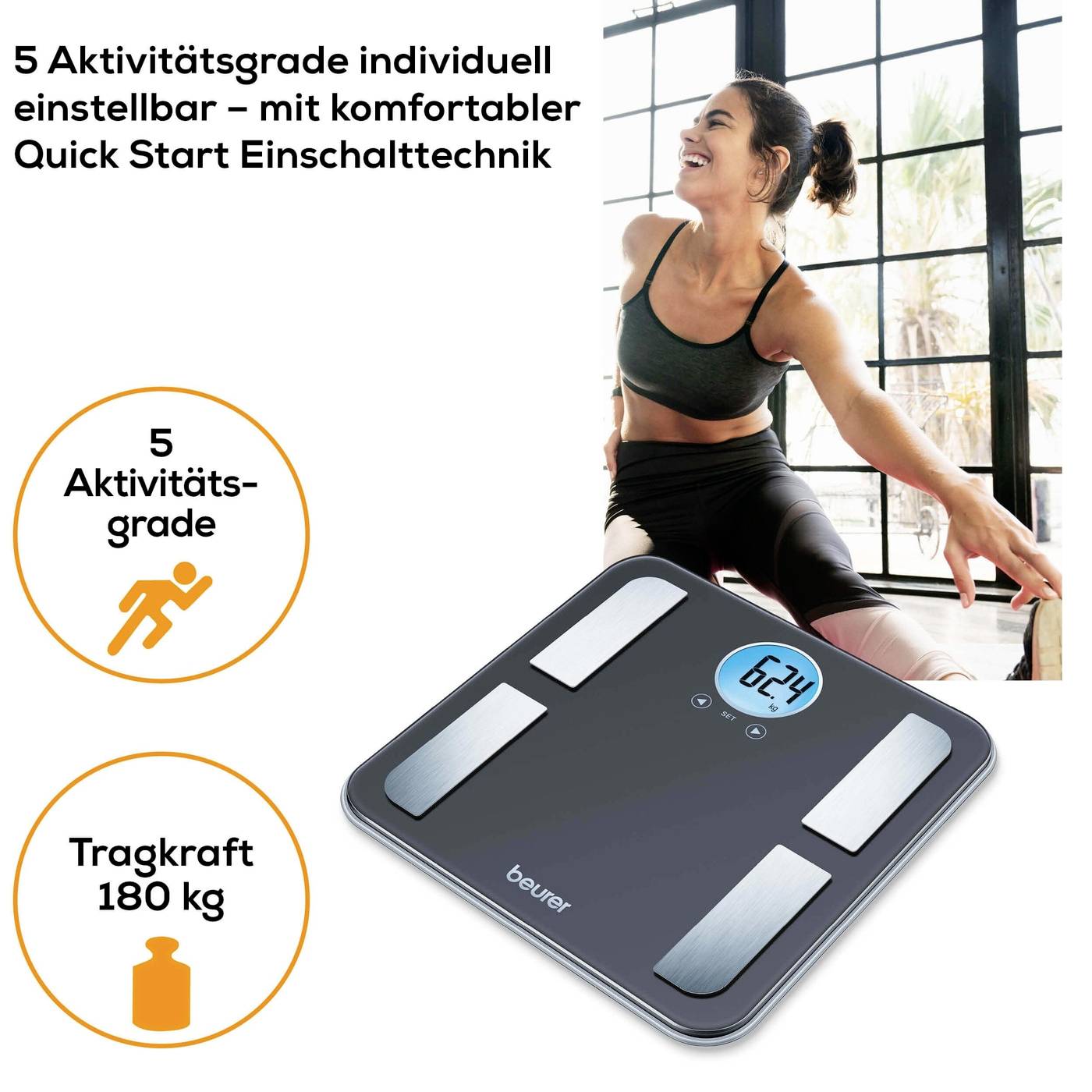 Une femme s'entraîne à côté d'une balance numérique Beurer avec un affichage bleu. Texte : '5 niveaux d'activité' et 'Capacité 180 kg'.