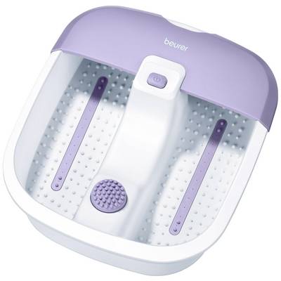 Bain de pieds de la marque Beurer avec bord violet et picots de massage. Idéal pour la relaxation et les soins des pieds.