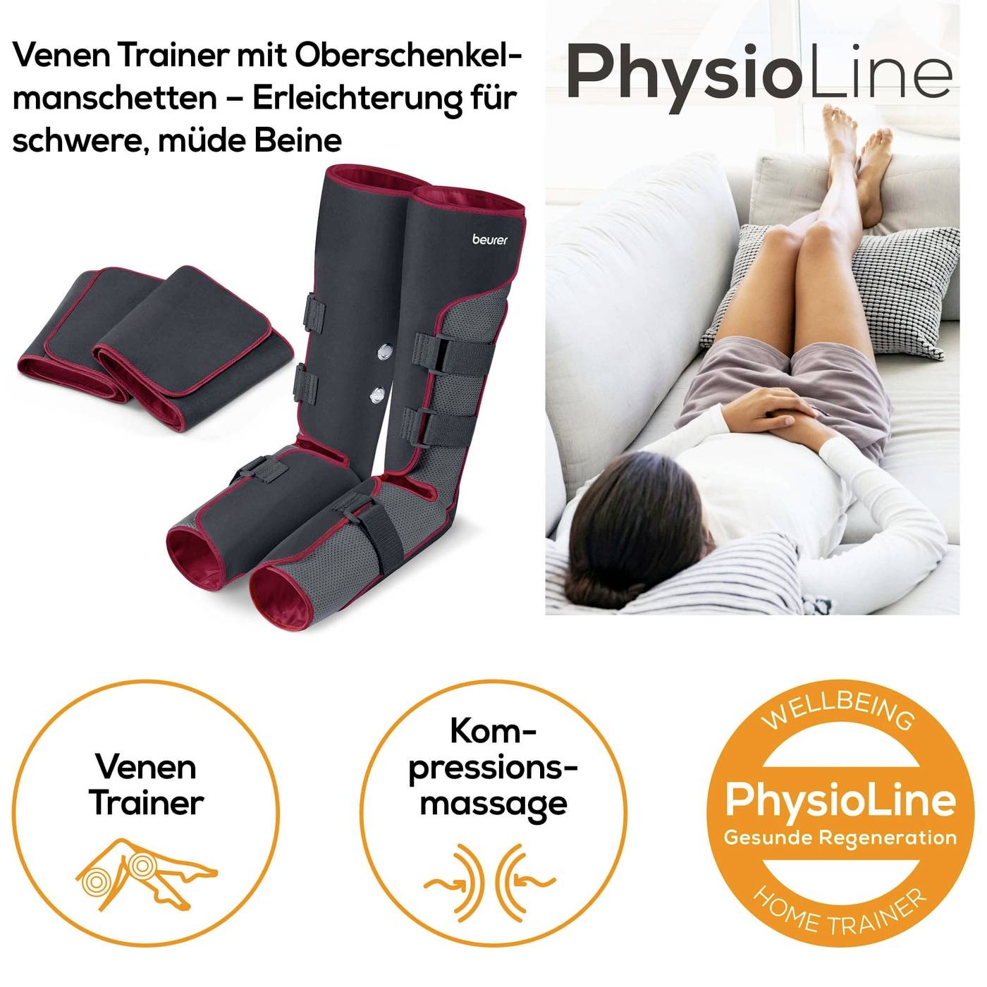 Trainers de veines avec manchettes de cuisse et 'Massage de compression' pour soulager les jambes fatiguées. Nom de marque : PhysioLine. Personne se détendant sur un canapé.