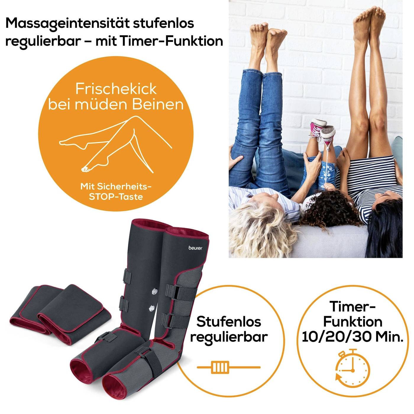 Deux personnes sont allongées, les jambes soulevées. Un appareil de massage avec intensité et minuterie réglables attire l'attention.