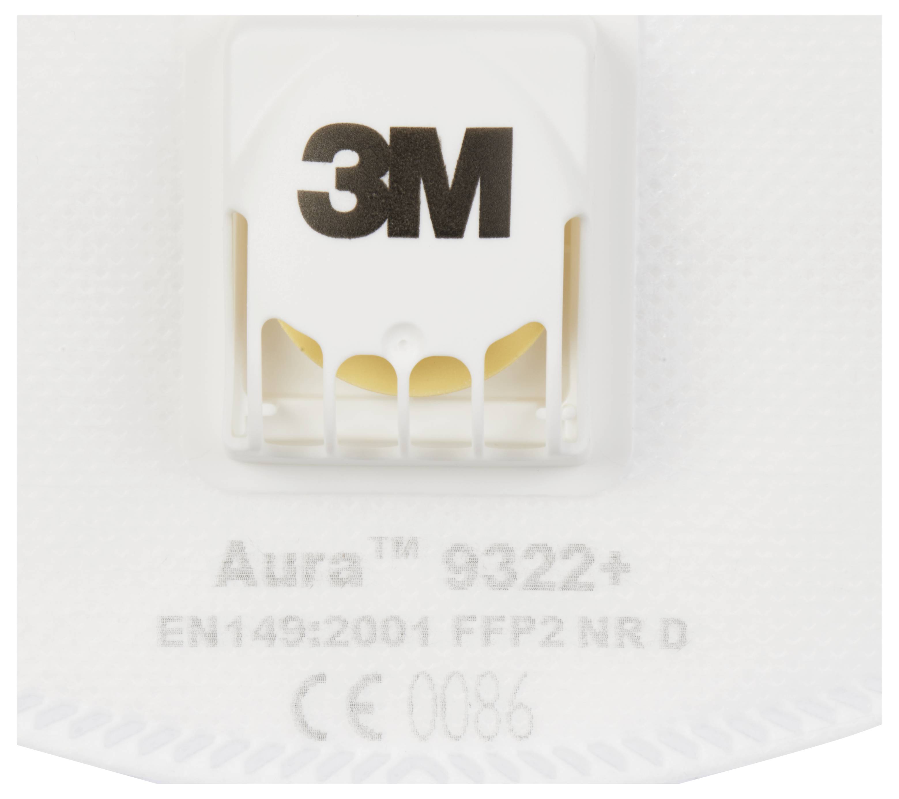 Masque de protection respiratoire FFP2 de 3M, modèle Aura 9322+. Montre la valve et le masque avec certification CE.