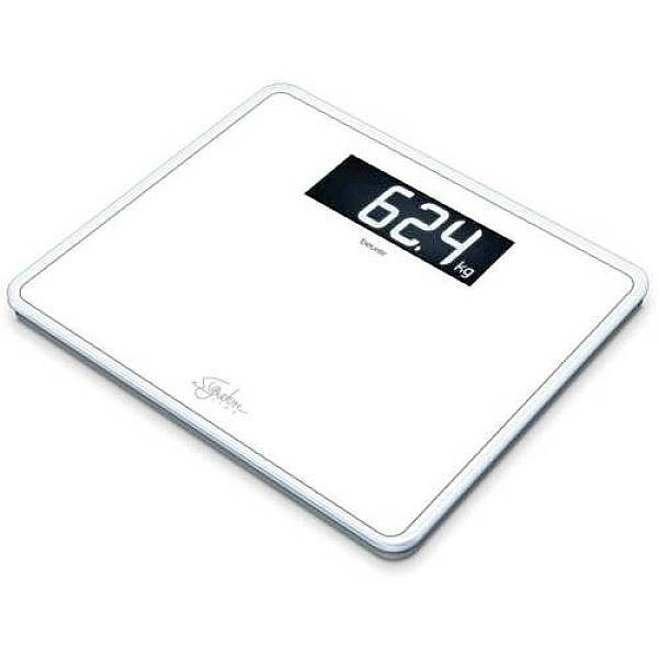 Balance numérique personnelle affichant 62,4 kg. Balance de couleur blanche avec un grand écran bien lisible.
