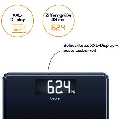 'Balance numérique avec écran XXL rétroéclairé affichant 62,4 kg. Taille des chiffres : 49 mm pour une lisibilité optimale.'