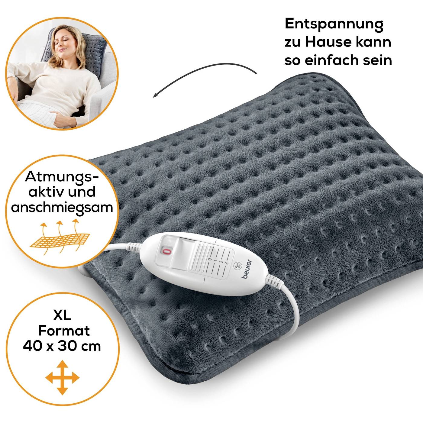 Un coussin chauffant à surface grise, illustré avec une personne relaxée. Il présente la fonction 'Respirant et épousant les formes'.