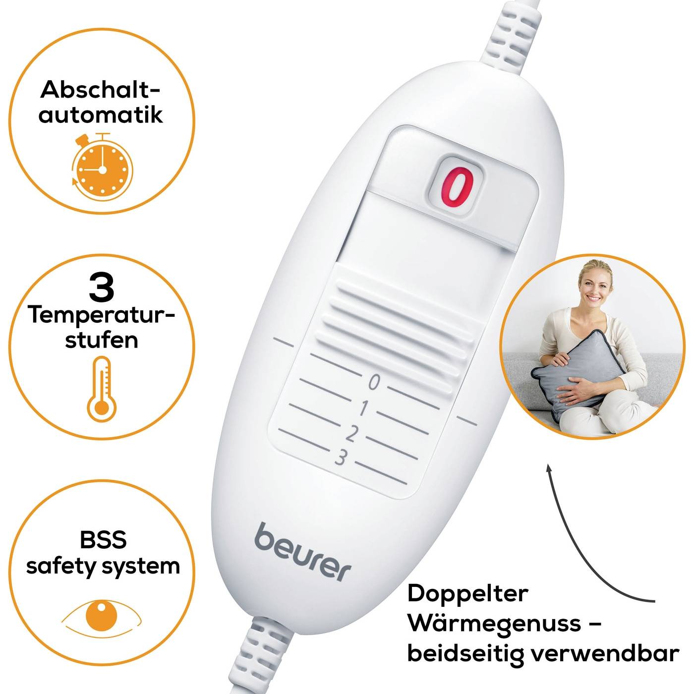 Un coussin chauffant avec trois niveaux de température, un système d'arrêt automatique et un système de sécurité BSS. Madame utilise le coussin pour son confort.