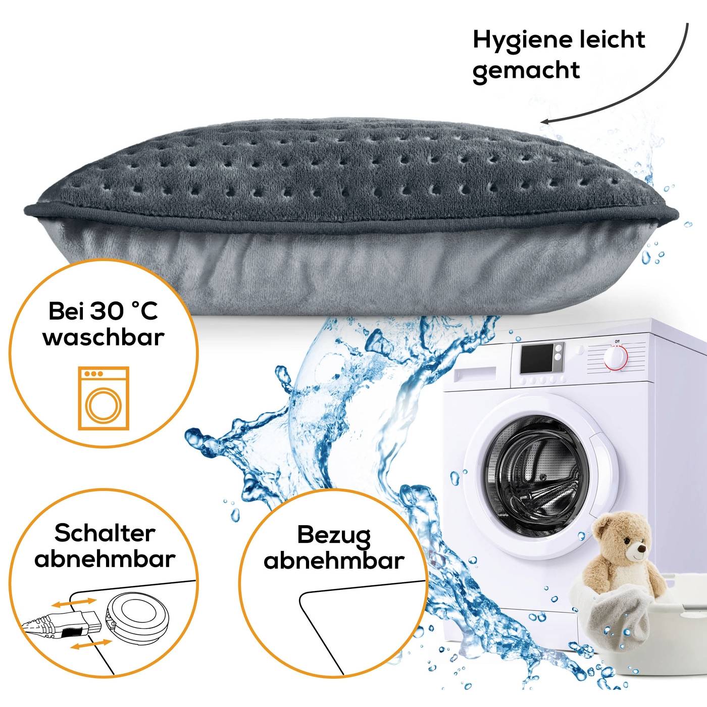 Un coussin est posé à côté d'un lave-linge avec des symboles de lavage : « Lavable à 30 °C », « Interrupteur amovible », « Housse amovible ».