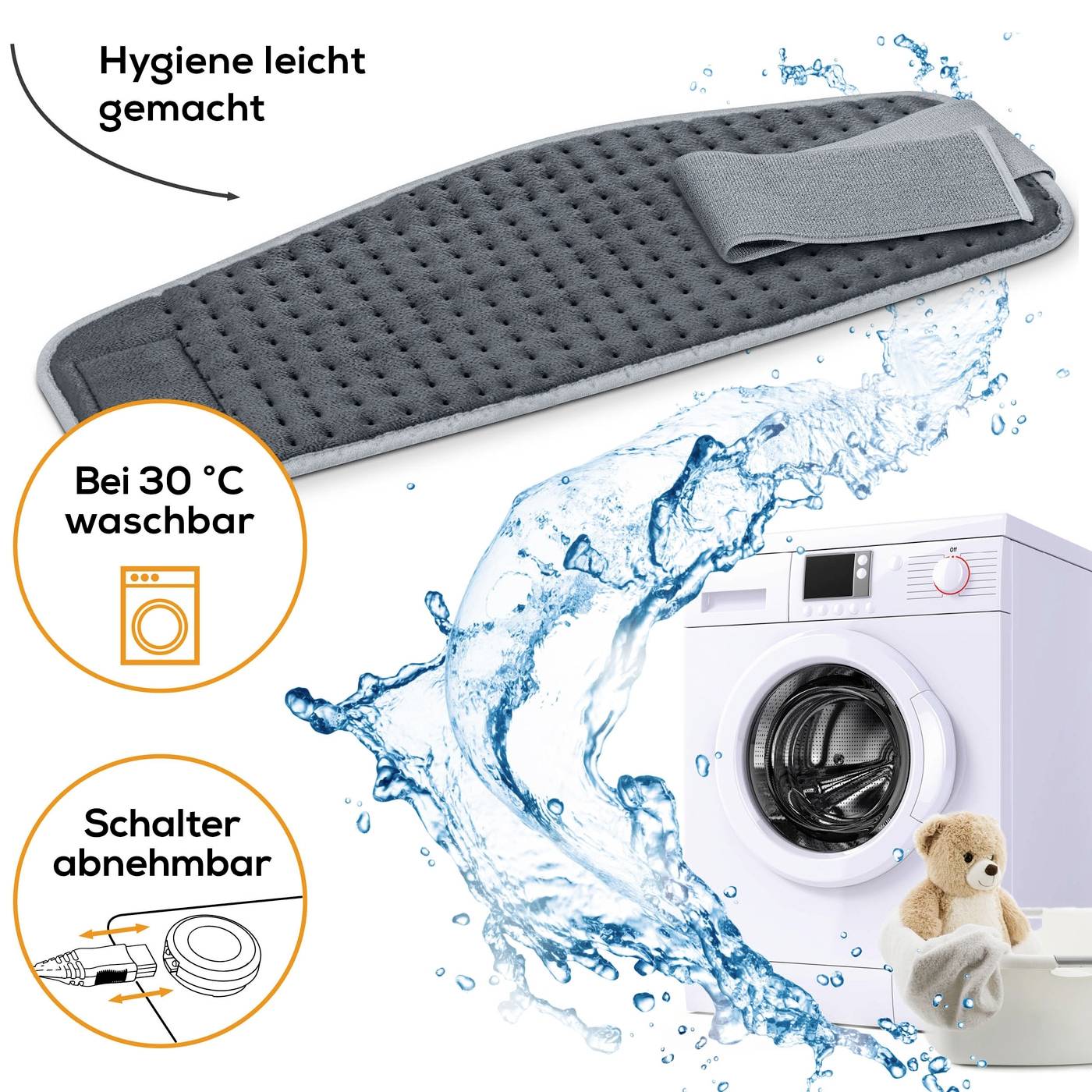 Coussin gris, lavable à 30°C, avec une indication de bouton amovible. À côté se trouve un lave-linge, une représentation d'éclaboussures d'eau et un ours en peluche.