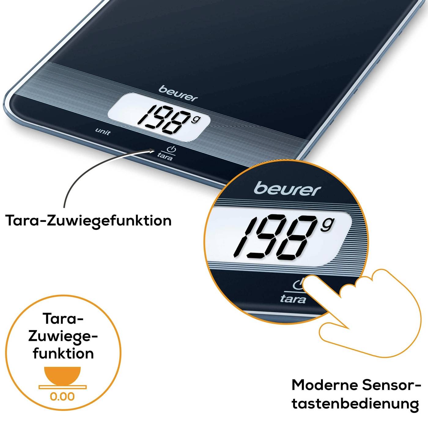 Balance de cuisine numérique affichant '198 g' sur son écran. Gros plan montrant la fonction tare et la commande moderne à touches sensitives.