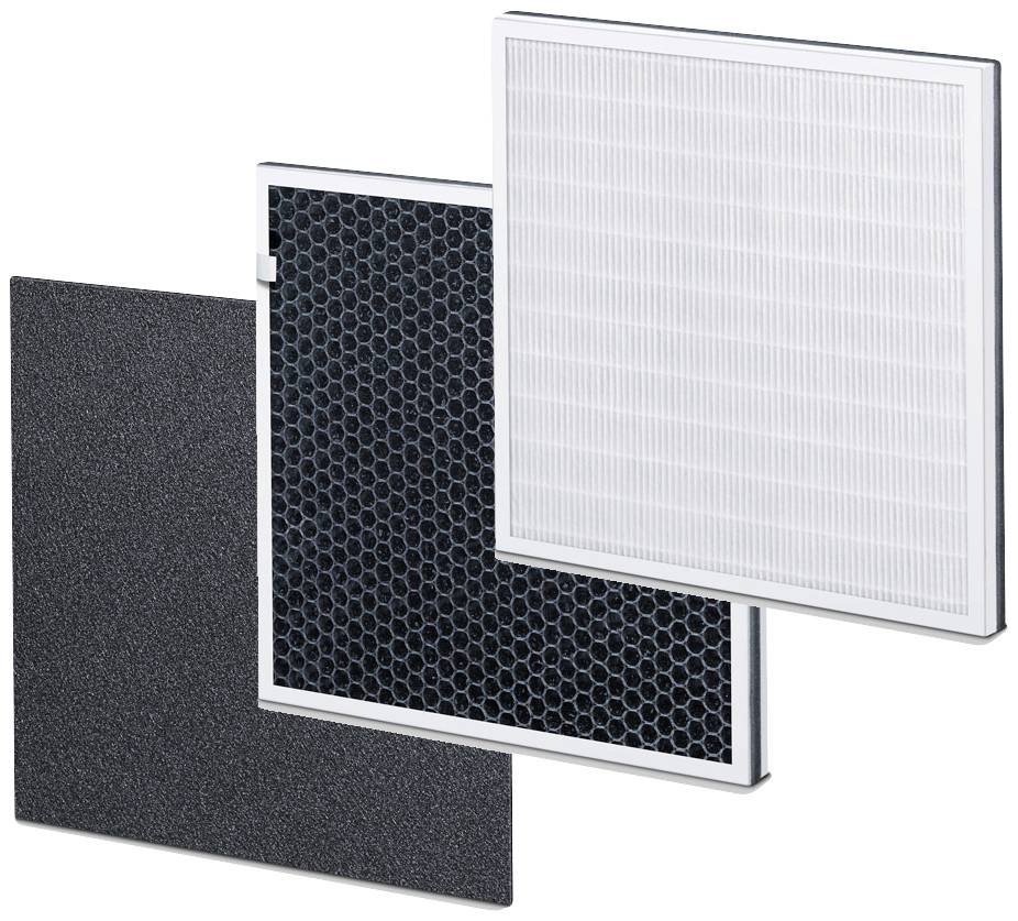 Trois filtres à air en couches : à l'avant un préfiltre noir, au milieu un filtre à charbon actif à structure en nid d'abeille, à l'arrière un filtre HEPA blanc.