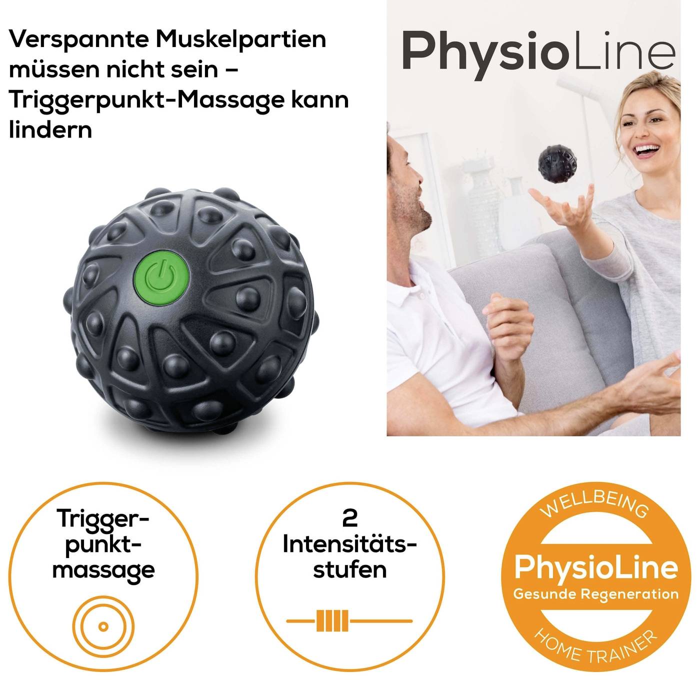 L'image montre une boule de massage noire avec un bouton vert. À côté d'elle, une femme souriante est assise avec une autre personne. Texte : 'Les tensions musculaires ne sont pas une fatalité - Le massage des points de déclenchement peut soulager'.