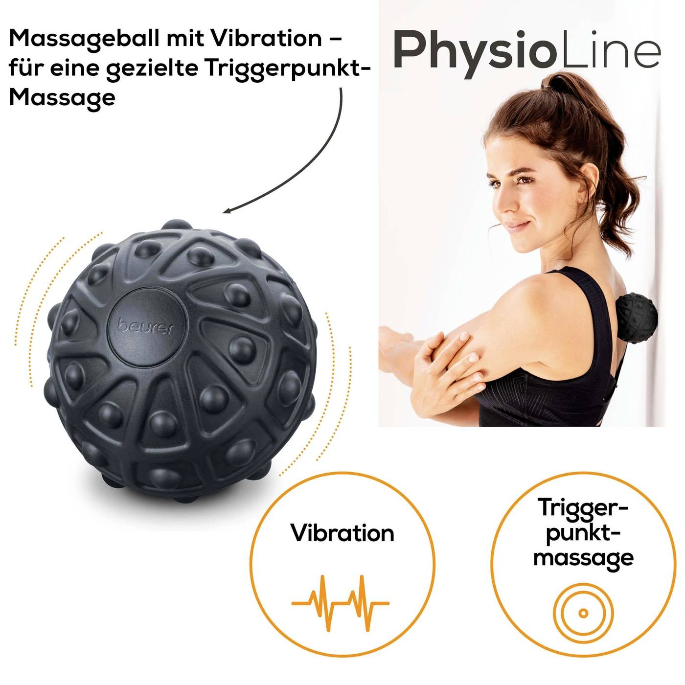 Ballon de massage avec picots et vibration, destiné à un massage de points de déclenchement ciblé. Une femme utilise la balle pour un massage du dos.