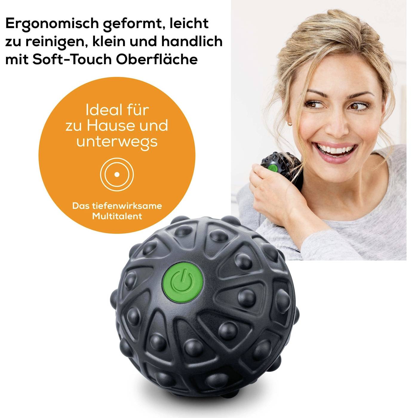 Une femme tient un ballon de massage noir ; le texte promet un nettoyage facile et un massage en profondeur efficace.