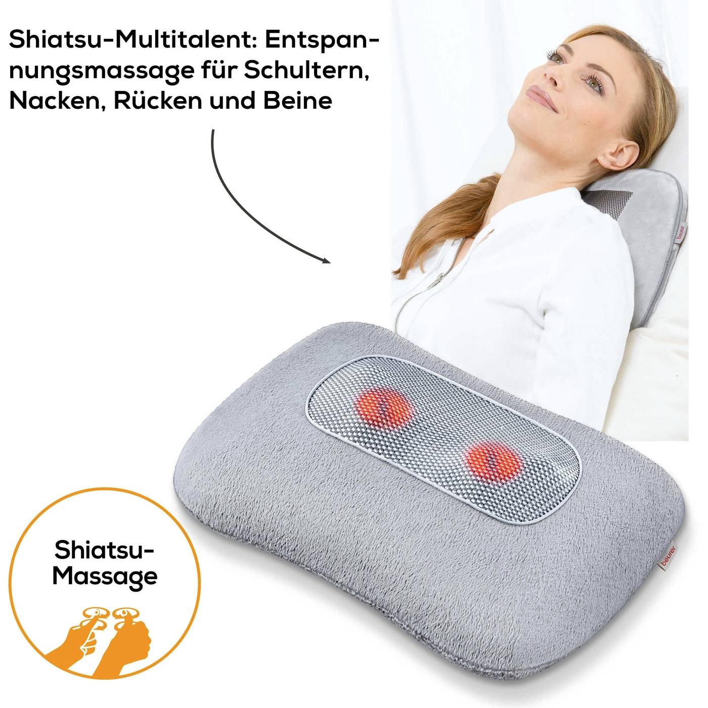 'Femme se détendant avec un appareil de massage shiatsu. Texte : Multifonction shiatsu : massage relaxant pour les épaules, la nuque, le dos et les jambes.'