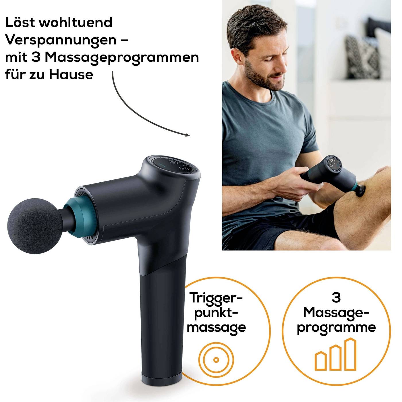 Un homme utilise un appareil de massage sur sa jambe. Légende : « Soulage efficacement les tensions – avec 3 programmes de massage ». Les icônes en bas indiquent « Massage des points de déclenchement » et « 3 programmes de massage ».