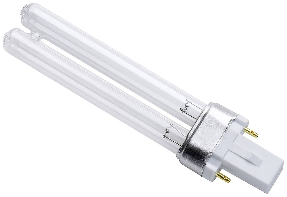 Une lampe de remplacement UV-C à deux tubes avec un socle blanc, adaptée aux appareils de désinfection.