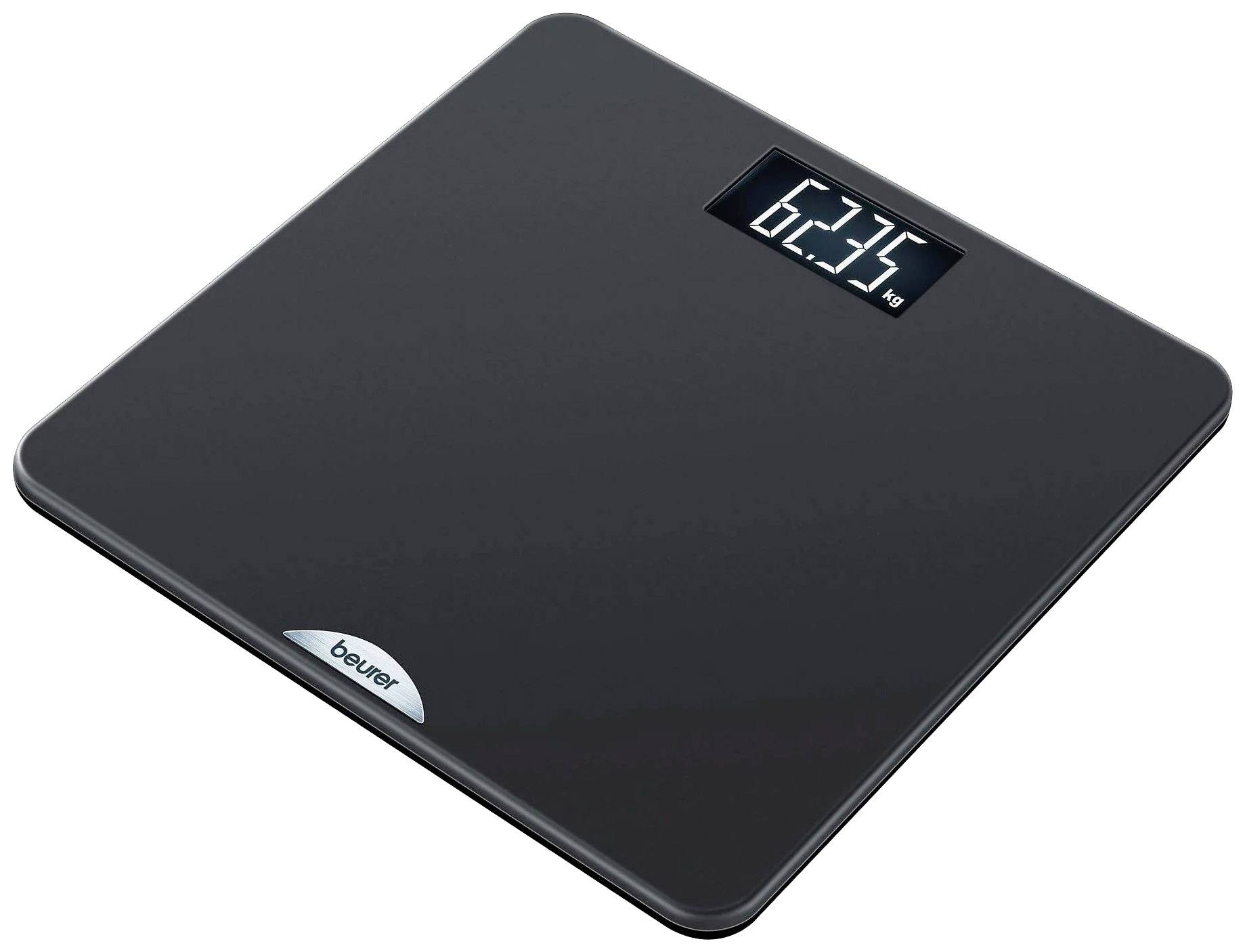 Balance personnelle numérique sombre avec affichage lumineux indiquant '62,3 kg'.