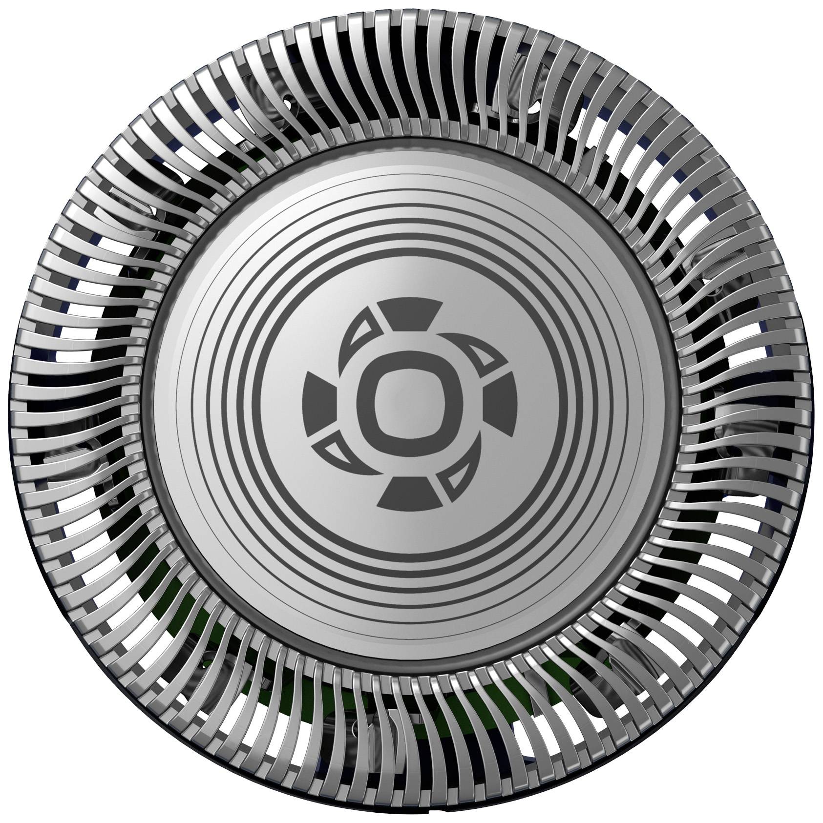 Un objet argenté, en forme de disque, avec un motif gravé au centre et des fentes radiales sur sa surface.