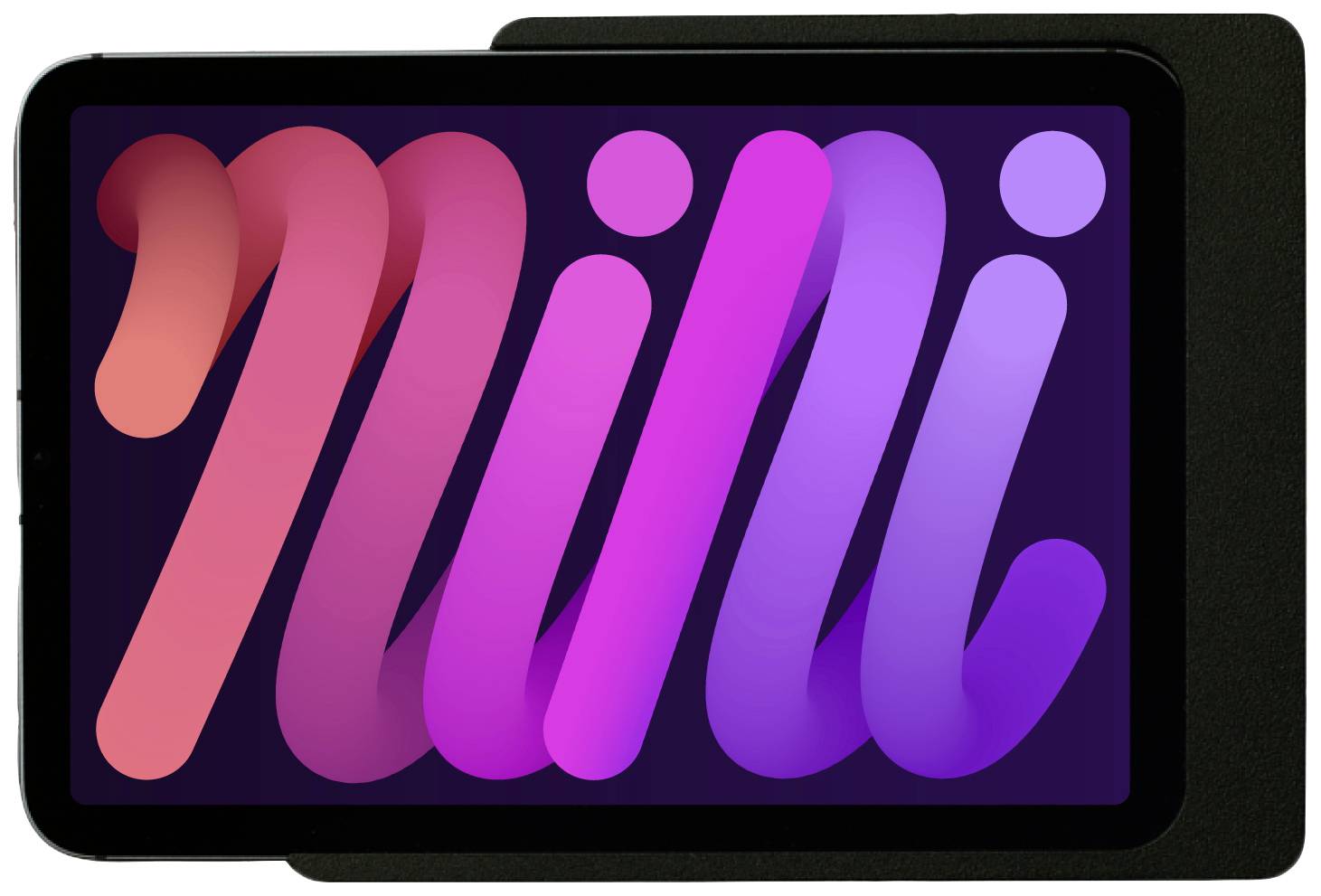 Une tablette avec un écran lumineux et coloré affichant le mot 'mini' en grandes lettres aux couleurs dégradées.