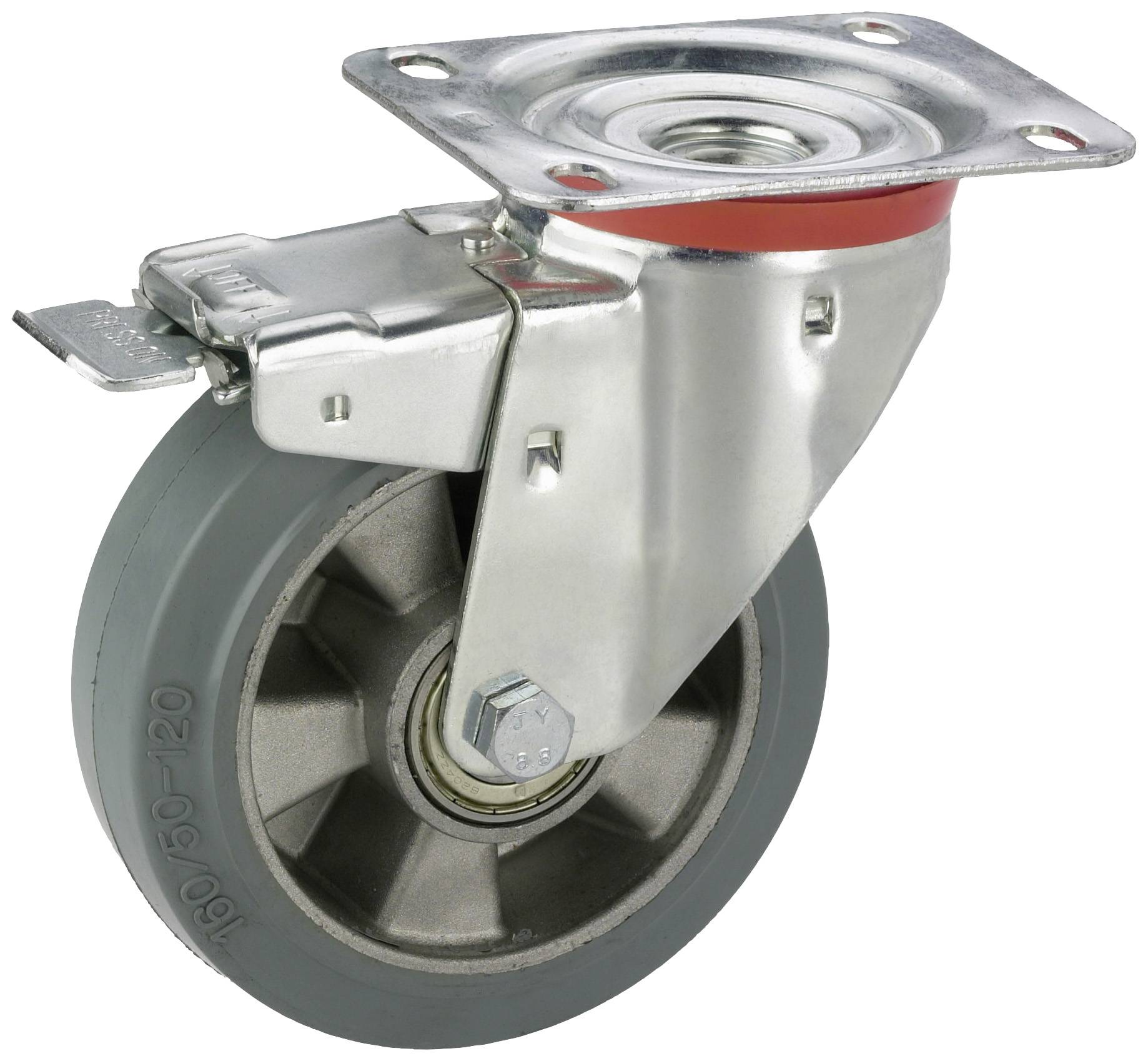 Roulette pivotante avec roue grise et boîtier métallique, adaptée aux meubles ou aux équipements, permettant un déplacement facile et une rotation flexible.