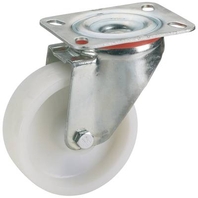Roue à rouleau métallique avec roue en plastique blanc. Plaque de fixation sur la partie supérieure. Convient pour meubles ou appareils.