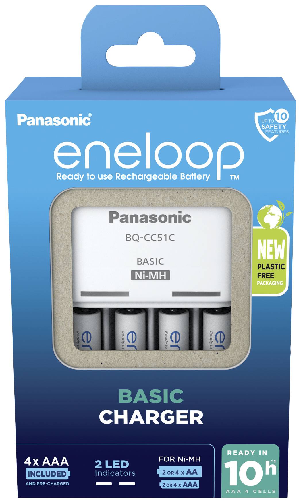 Chargeur emballé avec 4 piles AA, deux voyants LED et l'inscription 'Chargeur Panasonic eneloop Basic'. Temps de charge de 10 heures.