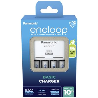 Chargeur emballé avec 4 piles AA, deux voyants LED et l'inscription 'Chargeur Panasonic eneloop Basic'. Temps de charge de 10 heures.