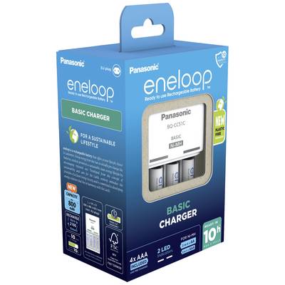 Emballage du chargeur Panasonic eneloop Basic avec quatre piles AAA, compatible avec les batteries Ni-MH, affichant le temps de charge et les spécifications.