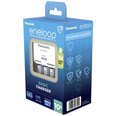 Emballage du chargeur Panasonic pour batteries Eneloop, présentant l'appareil avec quatre piles AA. L'emballage est sans plastique et met l'accent sur la sécurité.