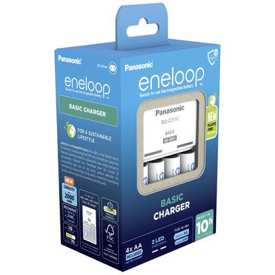 Emballage du chargeur Panasonic Eneloop avec des piles, mettant l'accent sur la durabilité et une durée de charge de 10 heures.
