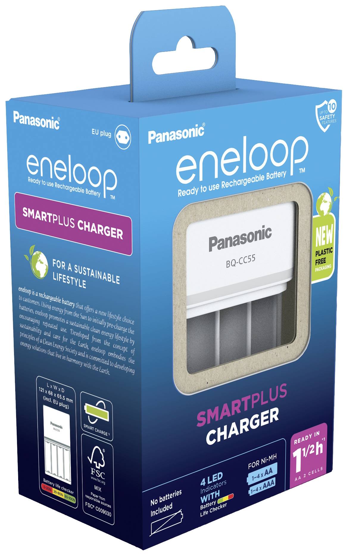 Emballage d'un chargeur de batteries rechargeables Panasonic Smartplus. Comprend une vue du chargeur, le nom de la marque et des informations sur la durabilité.