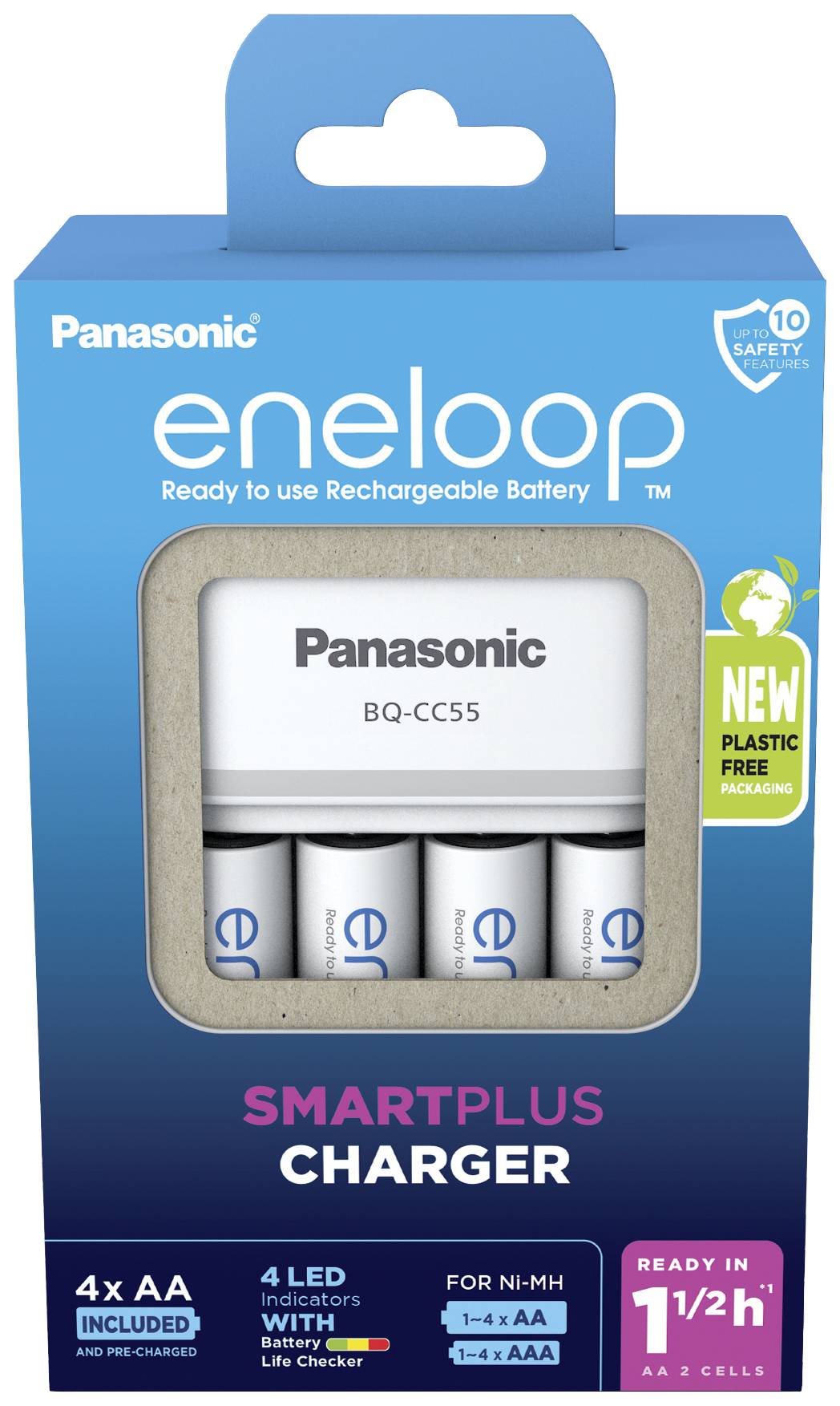 Chargeur Panasonic eneloop 'SmartPlus' avec quatre piles rechargeables AA, avec indication verte 'NOUVEAU emballage sans plastique'.