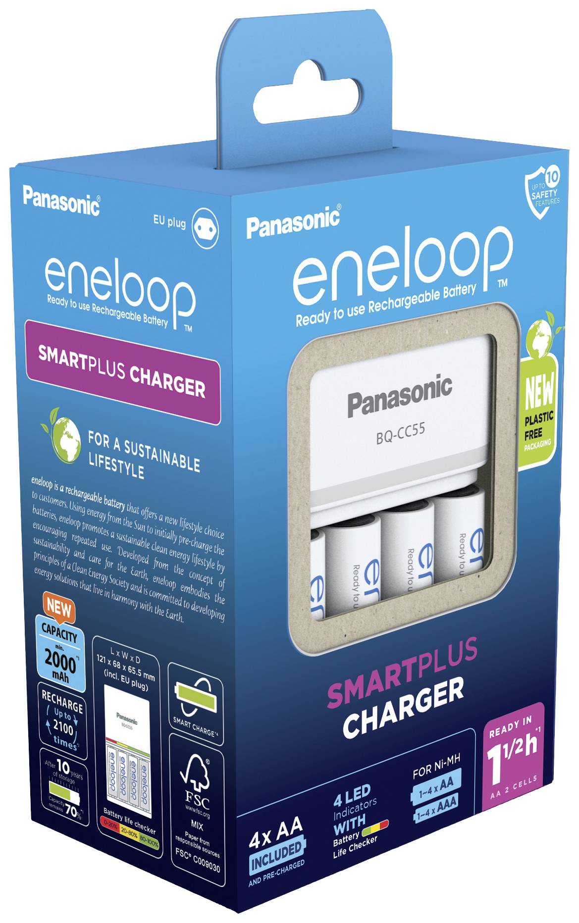 Chargeur Panasonic Eneloop SMARTPLUS avec 4 piles AA rechargeables, temps de charge de 1 à 2 heures, design durable.