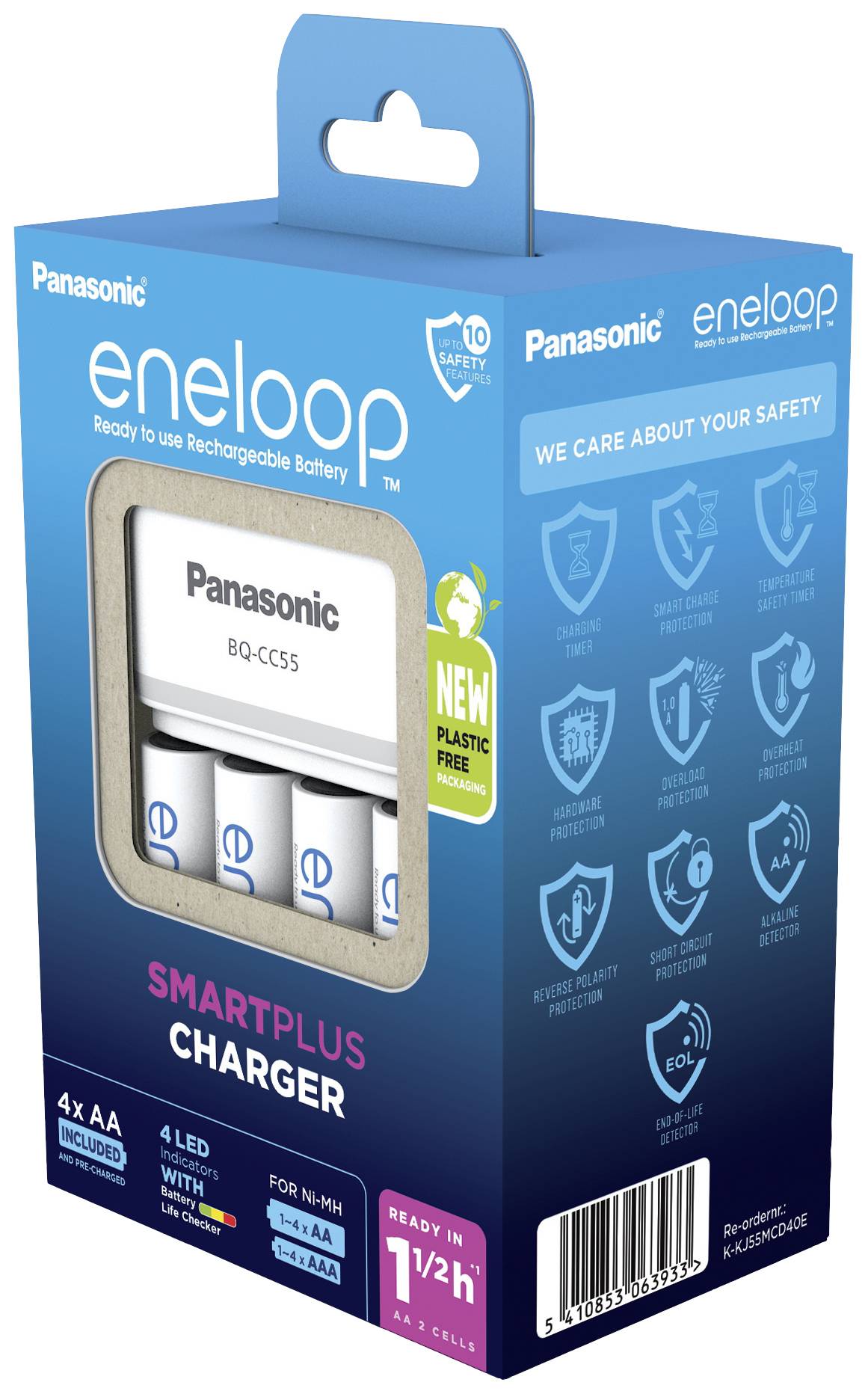 Chargeur Panasonic eneloop Smartplus dans un emballage bleu avec 4 piles AA, 10 fonctions de sécurité. Prêt en 1,5 heures.