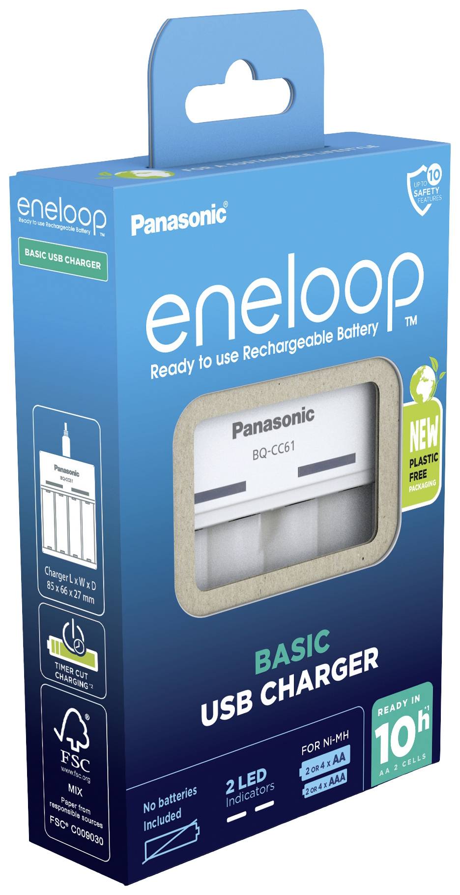 Emballage d'un chargeur USB Panasonic eneloop. Contient le chargeur, sans batteries. Adapté aux cellules Ni-MH. Temps de charge 10 heures.