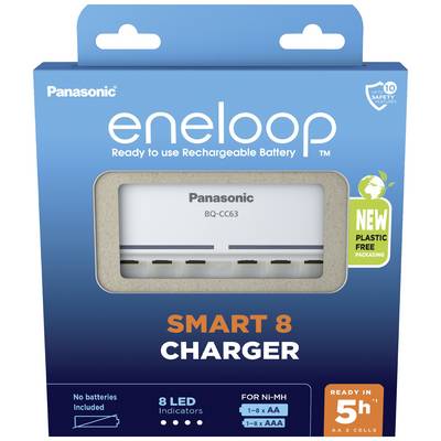 Emballage du chargeur intelligent Panasonic eneloop Smart 8, mettant en valeur le chargeur pour piles AA et AAA, soulignant ses 8 indicateurs LED et son emballage écologique.