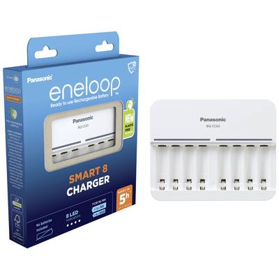 Chargeur de batteries rechargeables de Panasonic. Le boîtier indique "Smart 8 Charger", compatible avec les piles AA et AAA.